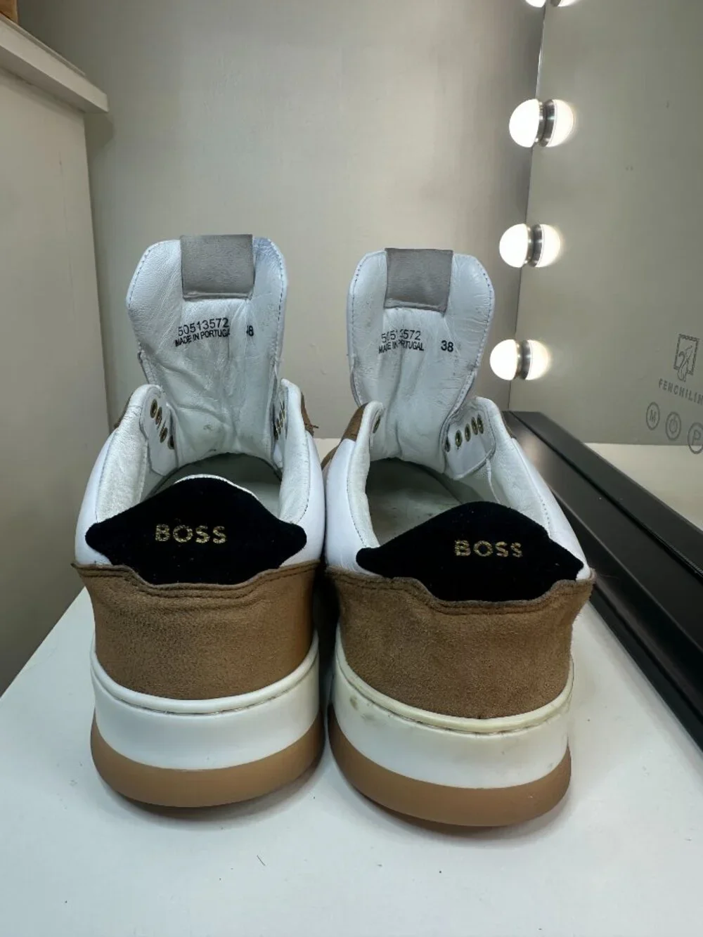 BOSS Hugo Boss White & Cognac Suede Panelled Low-Top Sneakers, EU 38 / US 7.5–8
